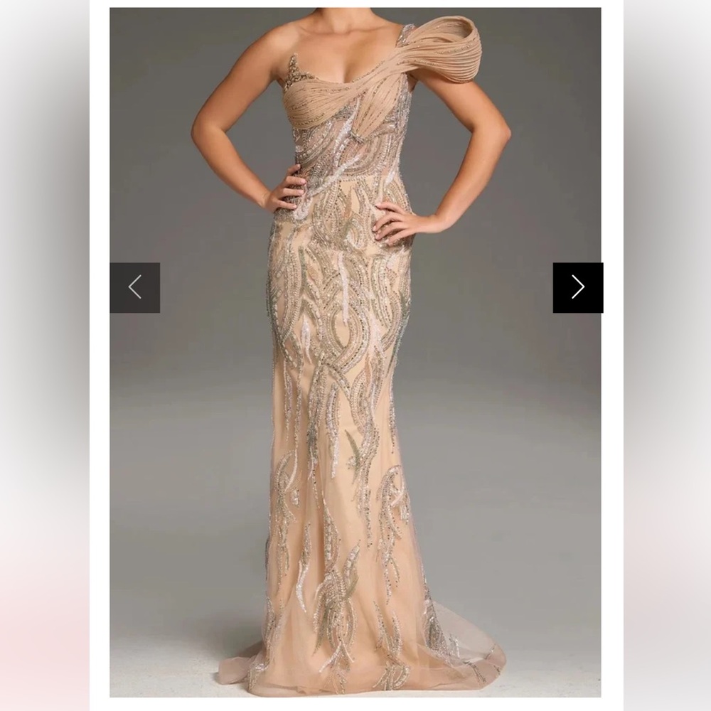 Jovani Beige and Silver Sequin Maxi Dress